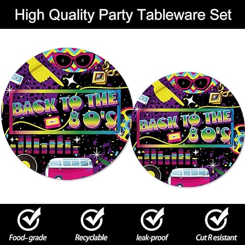 Miniatura 3 de Letromp Suministros para fiestas de los años 80 platos de papel retro multicolor y morado, servilletas y mantel para fiestas de los 80, I Love 80s,