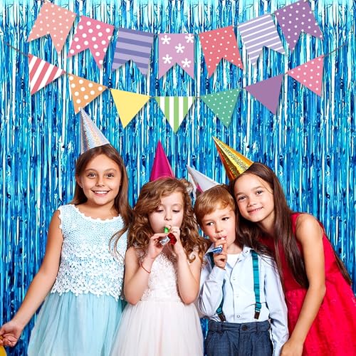 Image of 3 Pack Lake Blue Foil Fringe Curtains Backdrop, 3.28 x 9.8 Ft Metallic Streamers Tinsel Curtains Background for Photo Booth, Birthday, Halloween, Christmas, Thanksgiving, New Year Party Decorations