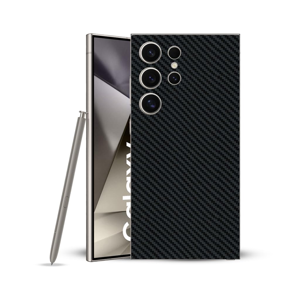 Skin en vinyle fibre de carbone pour Samsung Galaxy S24 Ultra - Autocollant 3M de qualité supérieure pour l'arrière et les côtés, protection contre les rayures, application sans bulles, application
