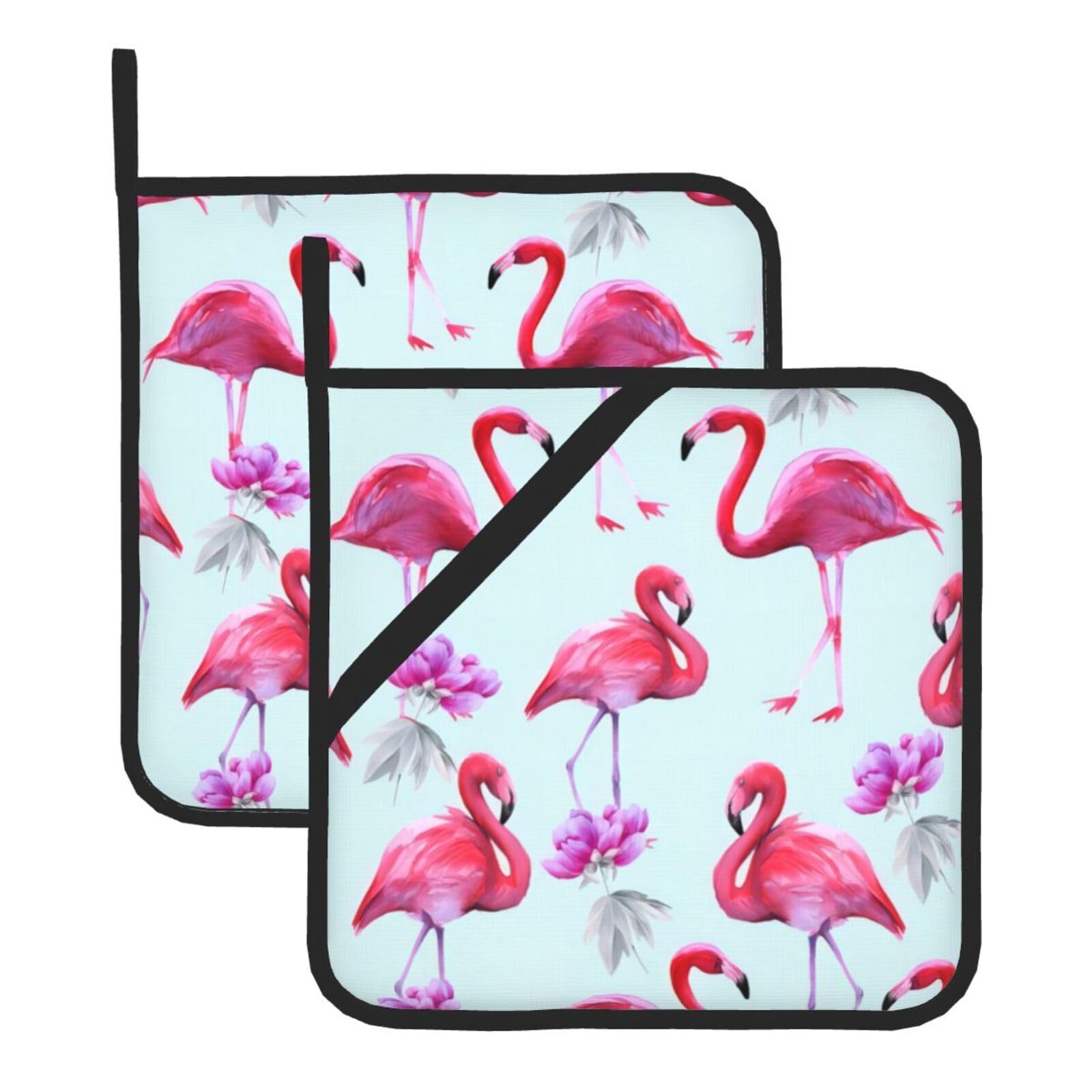 YYHWHJDE Pink Flamingos (3) Prints Square Hot Pads for Kitchen Counter - Waterproof Trivets with Hanging Loop, Heat Resistant Pot Covers for Dinning Table, Oven & BBQ - 2 Pack