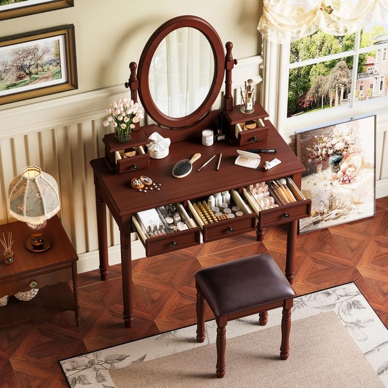 Merax 38" Vintage Vanity Set with Oval Mirror - Adjustable Makeup Desk with 5 Drawers & Matching Stool, 180° Tilt Mirror, Classic Carved Design for Bedroom/Dressing Room, Walnut