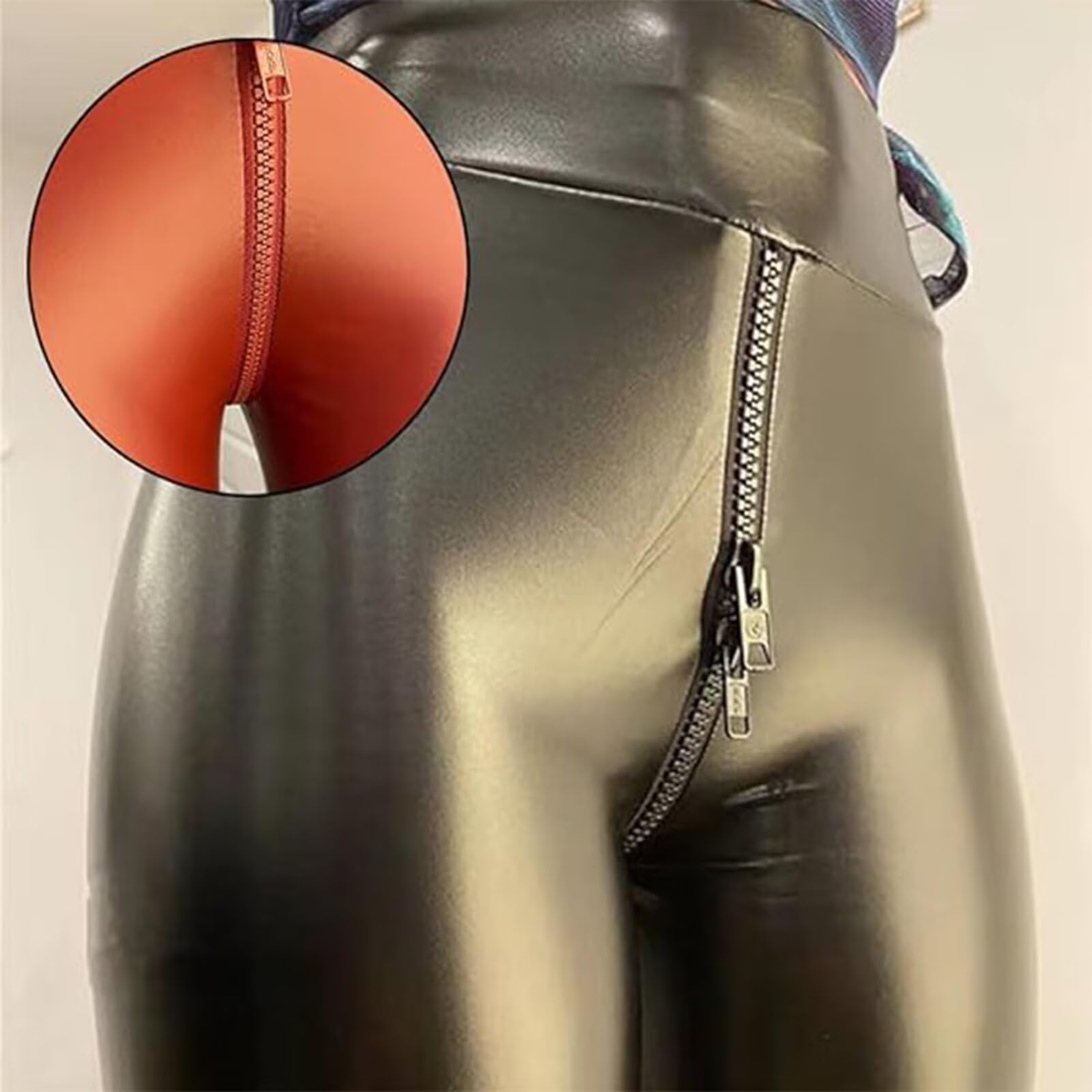 Damen-Leggings aus Kunstleder mit Zwei-Wege-Reißverschluss im Schritt, Stretch, Leggings aus mattem Leder, Kunstlederhose
