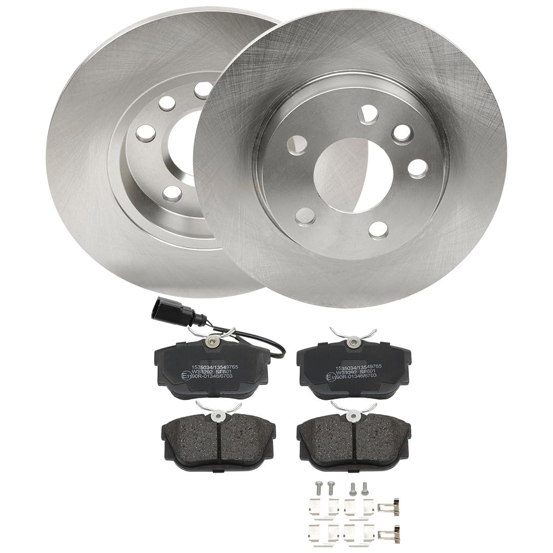 RIDEX 3405B1543 Juego para eje Kit de discos de freno y pastillas Trasero con accesorios con chapa antichirrido Compatible con VW Transporter T4 Bus 70B, 70C, 7DB, 7DK, 70J, 70K, 7DC, 7DJ