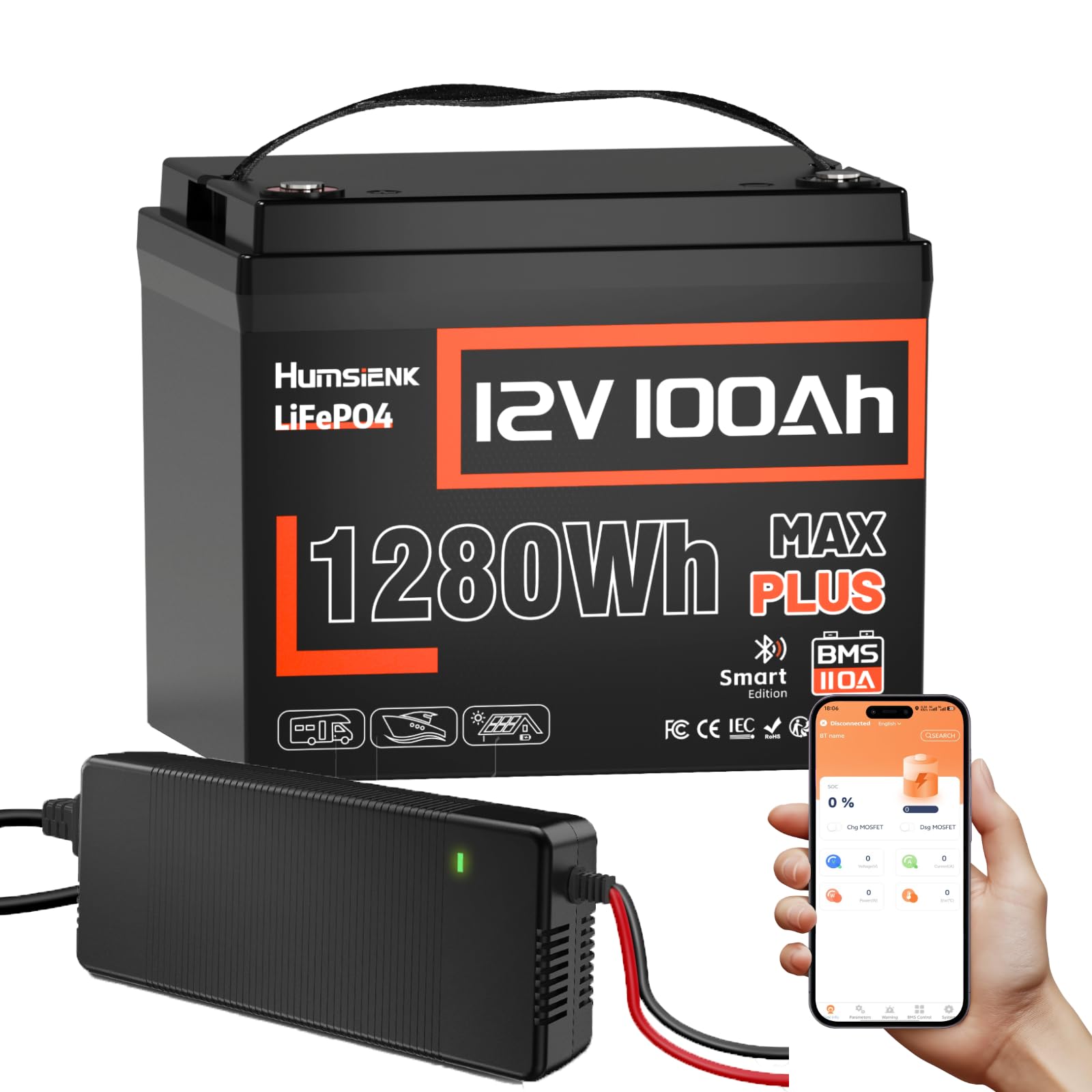 Humsienk LiFePO4 Bluetooth 12V 100Ah con caricabatterie 14.6V 20 A, batteria al litio 12 V 100 AH con protezione BMS a bassa temperatura per camper, barca, off-grid
