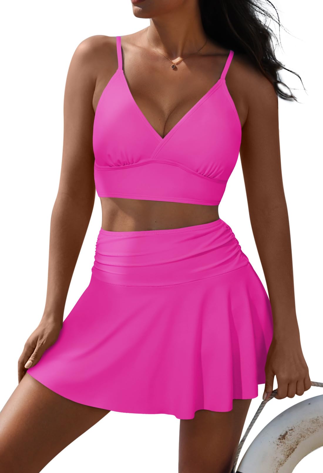 Pink Queen Women's High Waisted Bikini Set Two Piece Swimsuit V Neck Spaghetti Straps Swim Skirt Bathing Suit