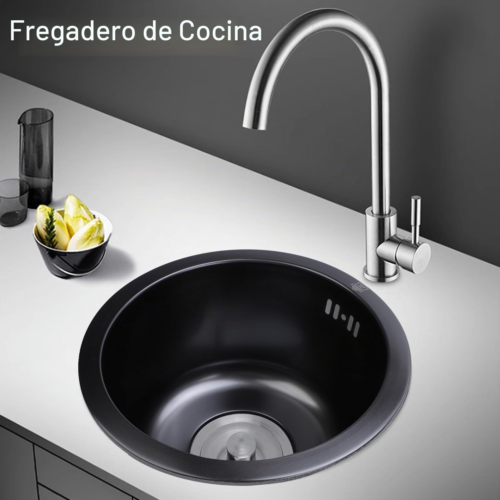 Fregadero Individual Redondo de Acero Inoxidable, Fregadero de Cocina de 42cm de Diámetro Exterior, Fregadero Redondo, Fregadero de Cocina bajo Encimera (Nanonegro)