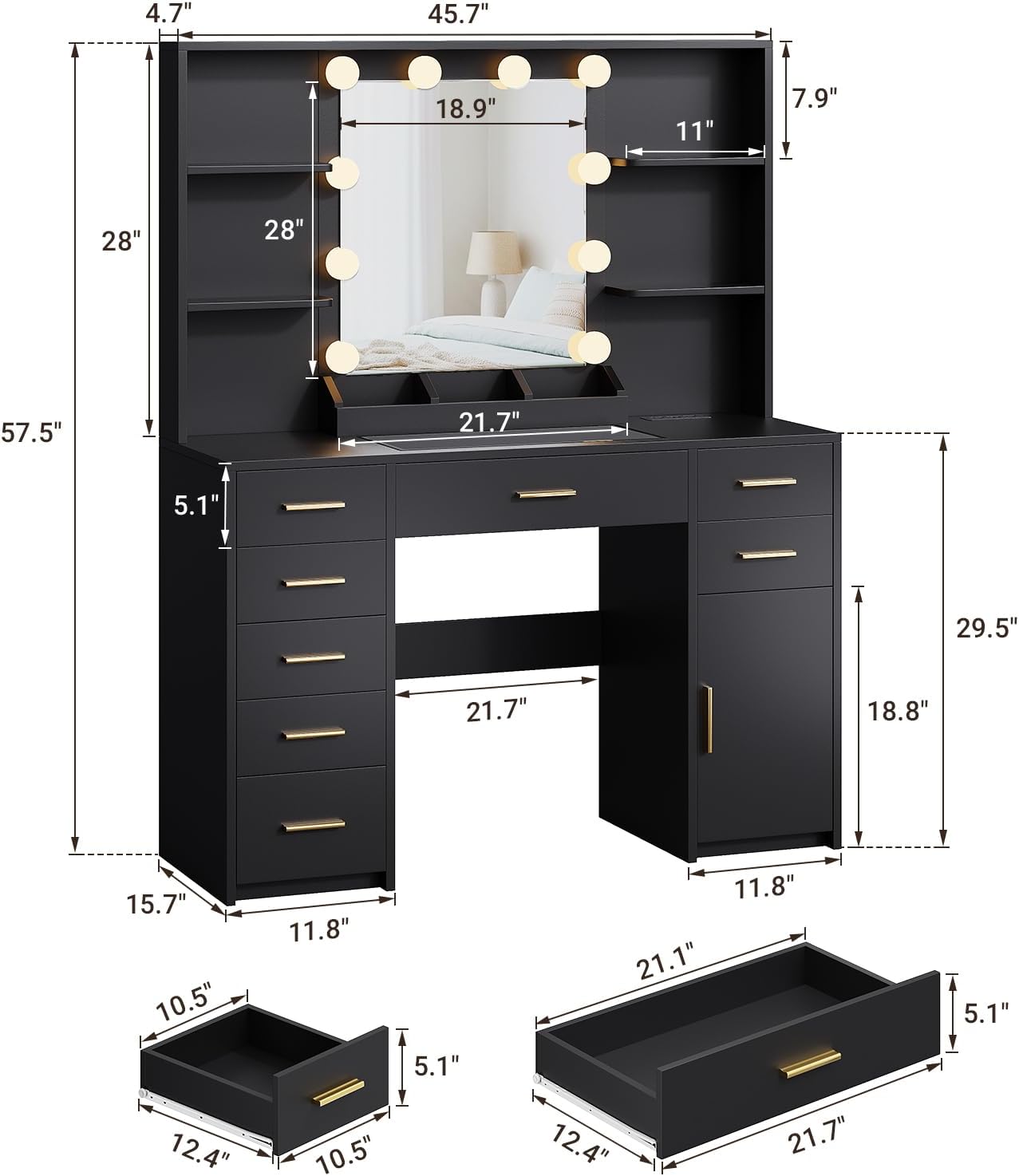 ELYKEN Modern Vanity with Mirror and Lights, MakeupVanity Desk with Glass Tabletop Power Outlet, Vanity Desk with 6 Storage Shelf, 8 Drawers, 1 Cabinet for Bedroom, Black