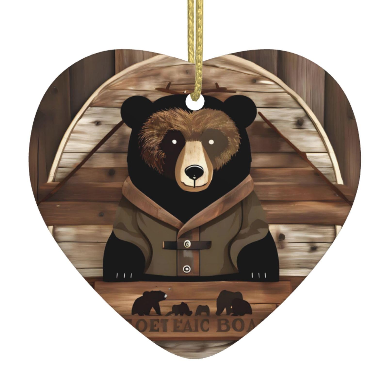 Rustic Lodge Bear Ceramic Christmas Heart Pendant with Silk Thread, Christmas Tree Home Decoration