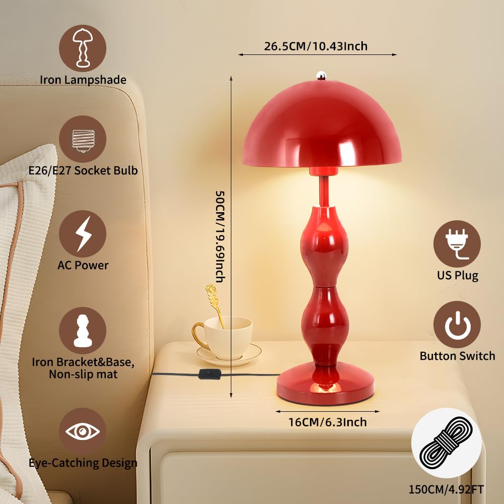 Rote Pilz Lampe Nachttischlampe,Einzigartige Dekoration,E27 Fassung,Metall | Tischlampe mit Kabel Druckschalter,Vollmetallkonstruktion mit Stabiler Basis,Warmer Roter Pilz Design mit Kürbis-Stiel