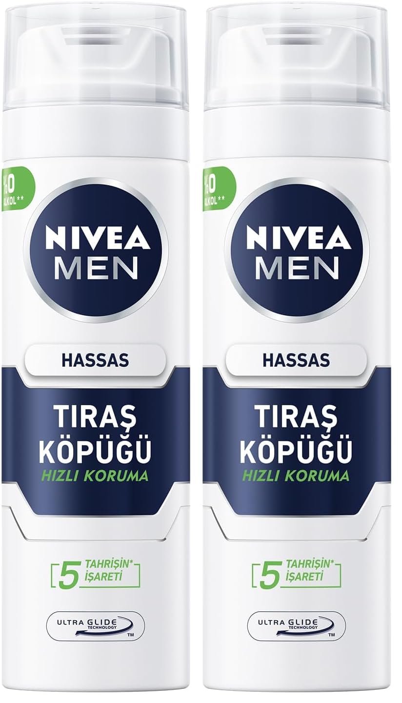 NIVEA MEN Erkek Hassas Tıraş Köpüğü 200 ml, Hassas Ciltlere Özel Hızlı Koruma, Yanma Karşıtı, Alkolsüz Formül (2 paketi)