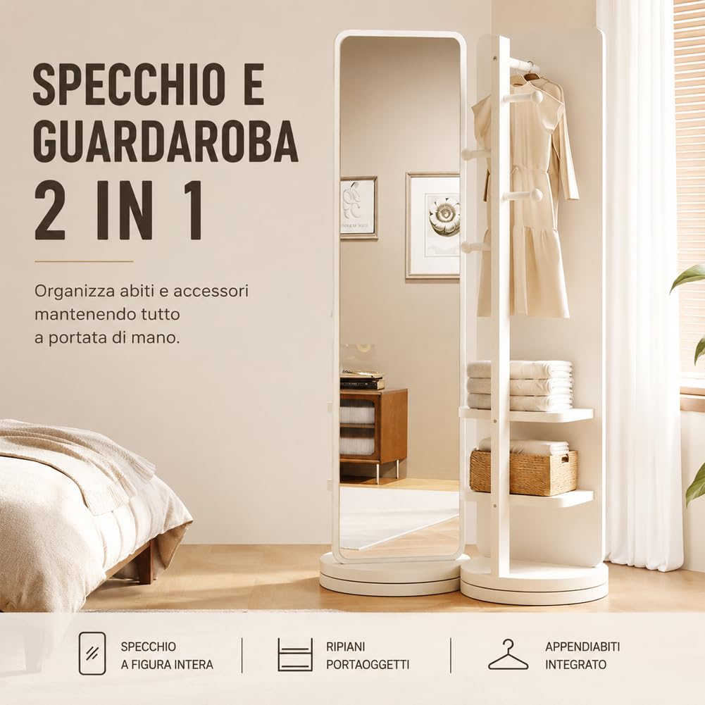 Shally Dogan Specchio Guardaroba Rotante con Struttura Bianca in Legno, Appendiabiti Attaccapanni da Ingresso, Camera da Letto e Ufficio Girevole con Ripiani, Decorazione Interni 170 x 45 cm