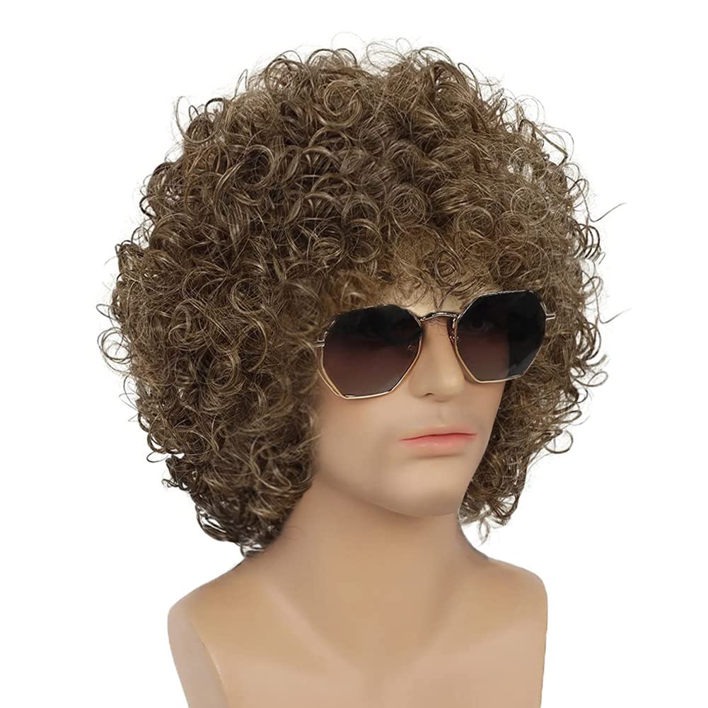 Kaneles Short Curly Brown Wigs for Men Light Brown Afro Rocker Wig 70s 80s Disco Wigs California Costume Cospaly Party Wig (Light Brown) - Image 3