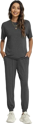 WiWi Conjunto de pijama de viscosa de bambú para mujer, manga corta, ropa de descanso, 2 piezas, pantalones largos, conjuntos de pantalones