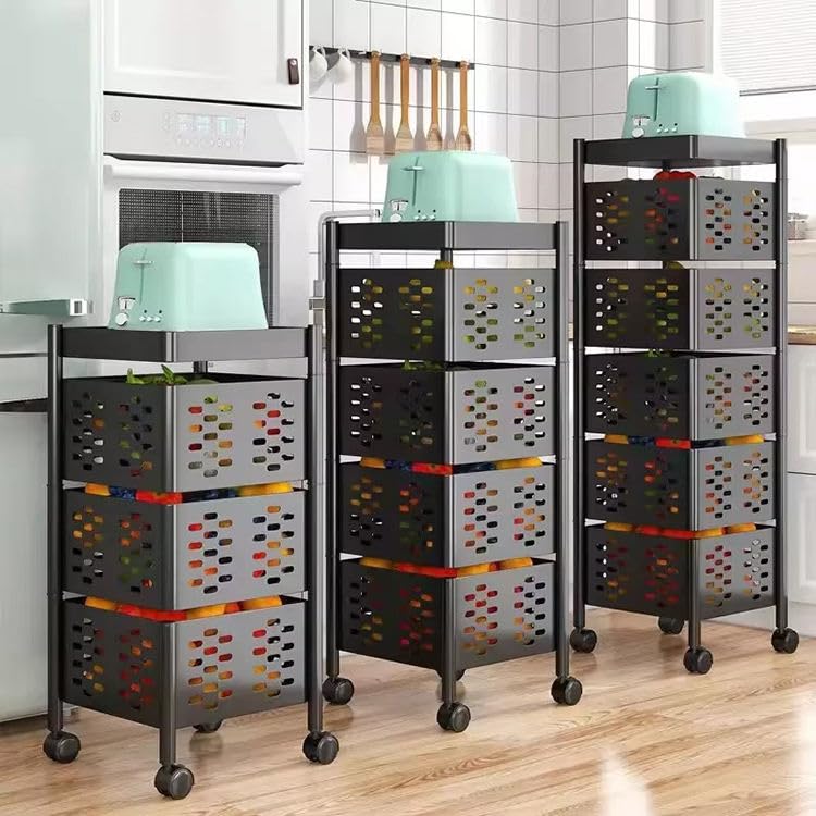 Image of 3-Tier Kitchen Carbon Steel Storage Rack - White | Durable & Sturdy Cart Organizer for Home & Kitchen | Vegetable, Fruits & Pantry Corner Rack | Multi-Layer Rack with Wheels