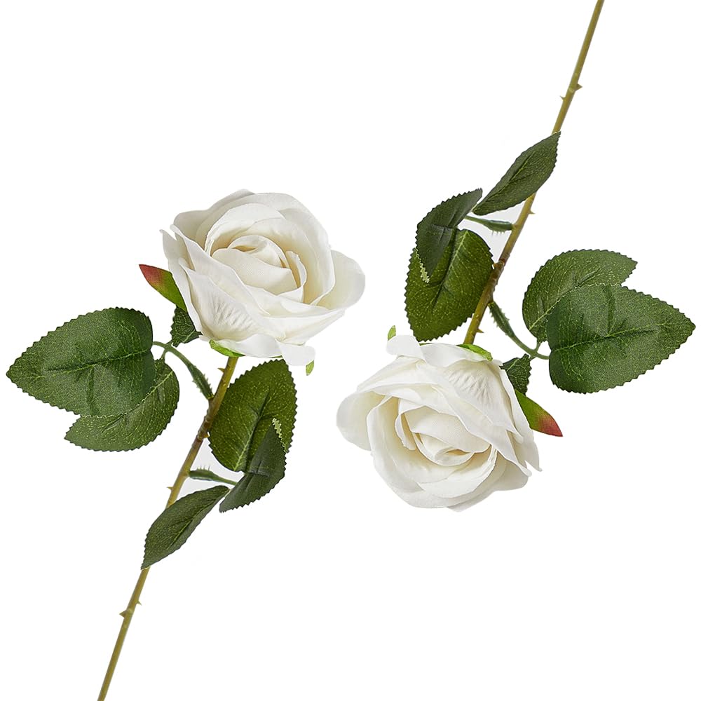 AKSIQIOL 2PCS White Artificial Roses with Stems, single rose,Realistic Silk Flowers for Wedding, Bridal Shower, Home & Garden Decor