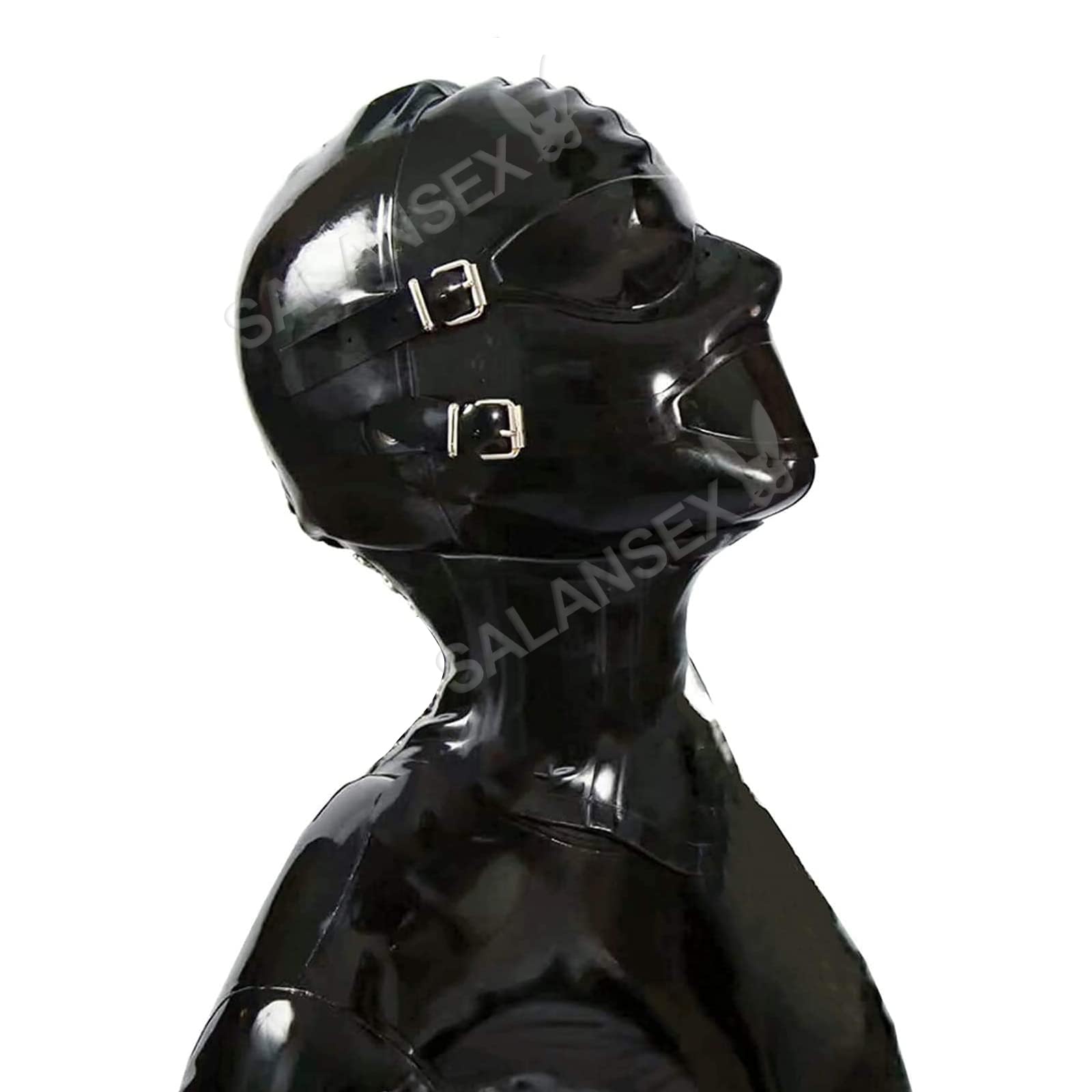 Latex Hood with Mouth Plug and Eye Patch, Full Face Mask Rubber Head Mask with Zipper for Unisex