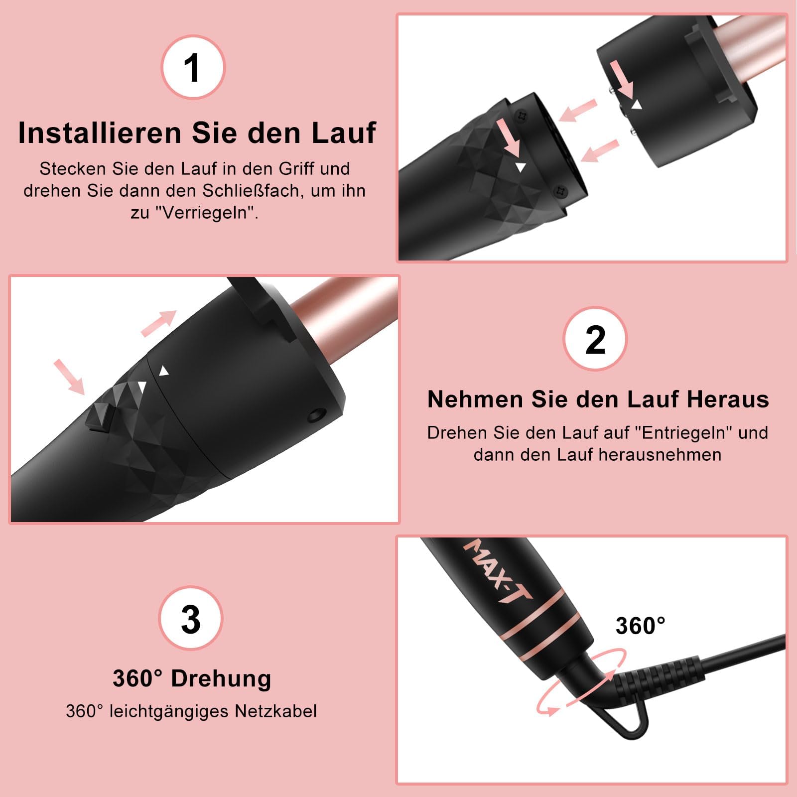 Lockenstäbe Set 5 in 1, MAX-T Lockenstab mit 3 Fässer und Multifunktion Thermal Brush, mit Verschiedenen Aufsätzen 9-38mm, PTC-Schnellheizung Temperaturregelung und Schutzhandschuhen