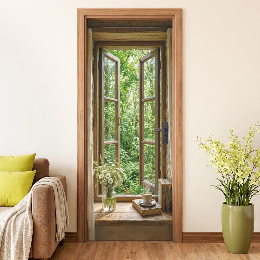 arricraft 2 Pcs Self-Adhesive Door Sticker, Half-Open Wooden Window