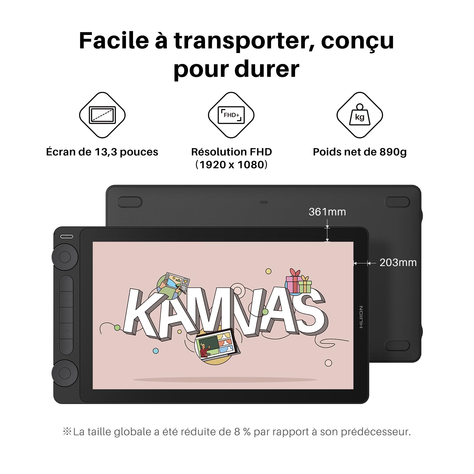 HUION Kamvas 13 Gen3 2024 Tablette Graphique avec Écran, 13,3 Pouces | 13,3 Pouces,16384 Niveaux,PenTech 4.0,99% sRGB,Verre Canvas,Double Molette,Dessin,Noir,Tablette Graphique avec Écran