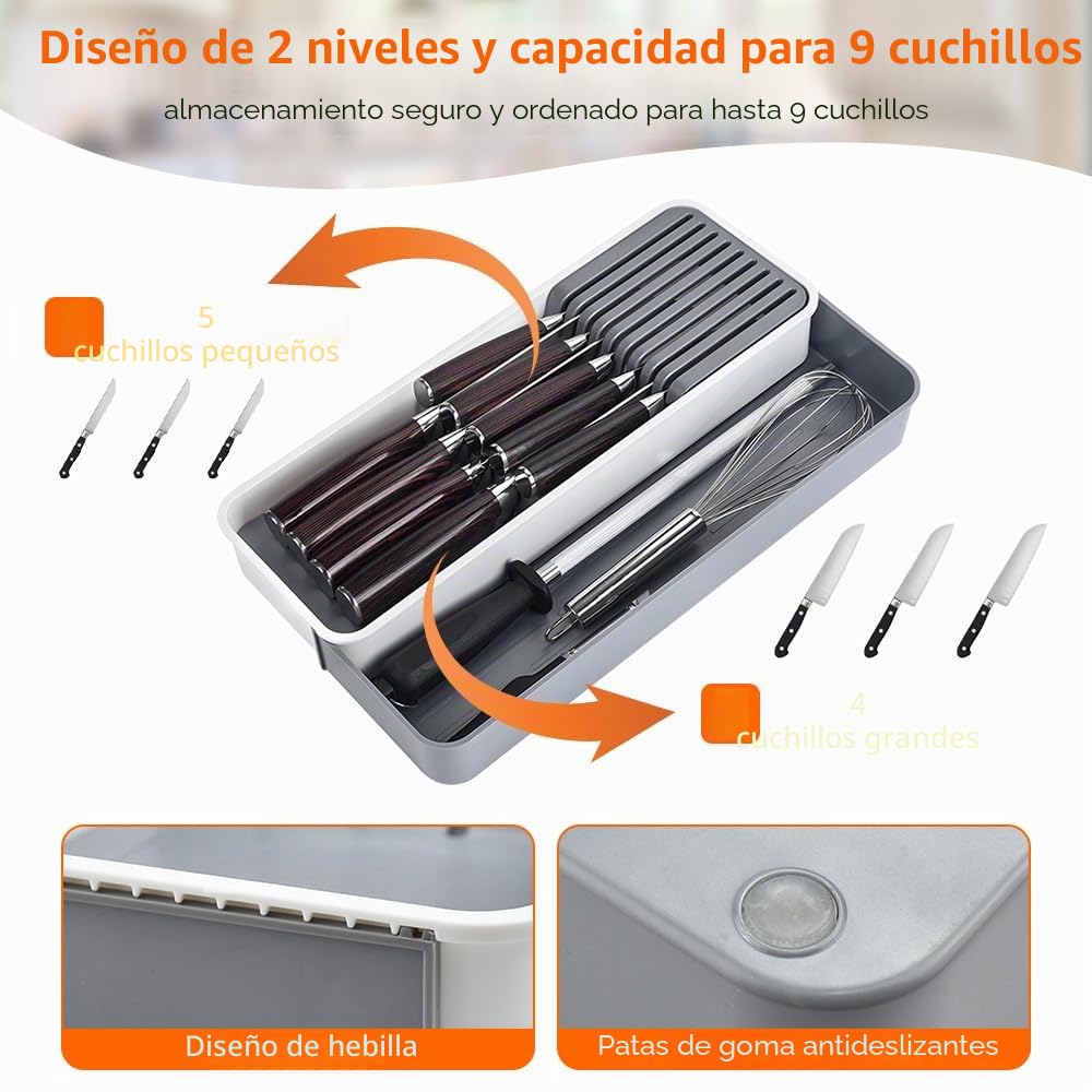 HEKOBAG Organizador de Cuchillos para Cajón 2 Niveles - Portacuchillos de Cocina para 9 Cuchillos, Bloque Horizontal Expandible - Gris