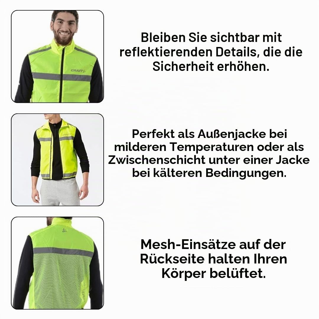 Craft Windweste Visibility Vest (Gr.S-XXL), Warnweste Unisex mit Reißverschluss, Fahrradweste, Laufweste, Reflektierend