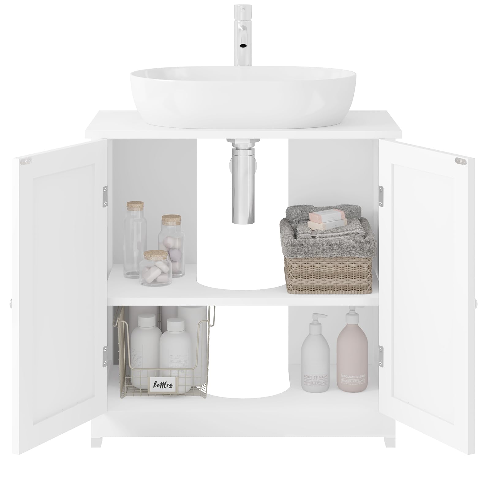 eSituro Waschbeckenunterschrank, Unterschrank, Waschtischunterschrank, Badezimmerschrank mit 2 Türen Badschrank aus MDF weiß 60 x 60 x 30 cm,Landhausstil