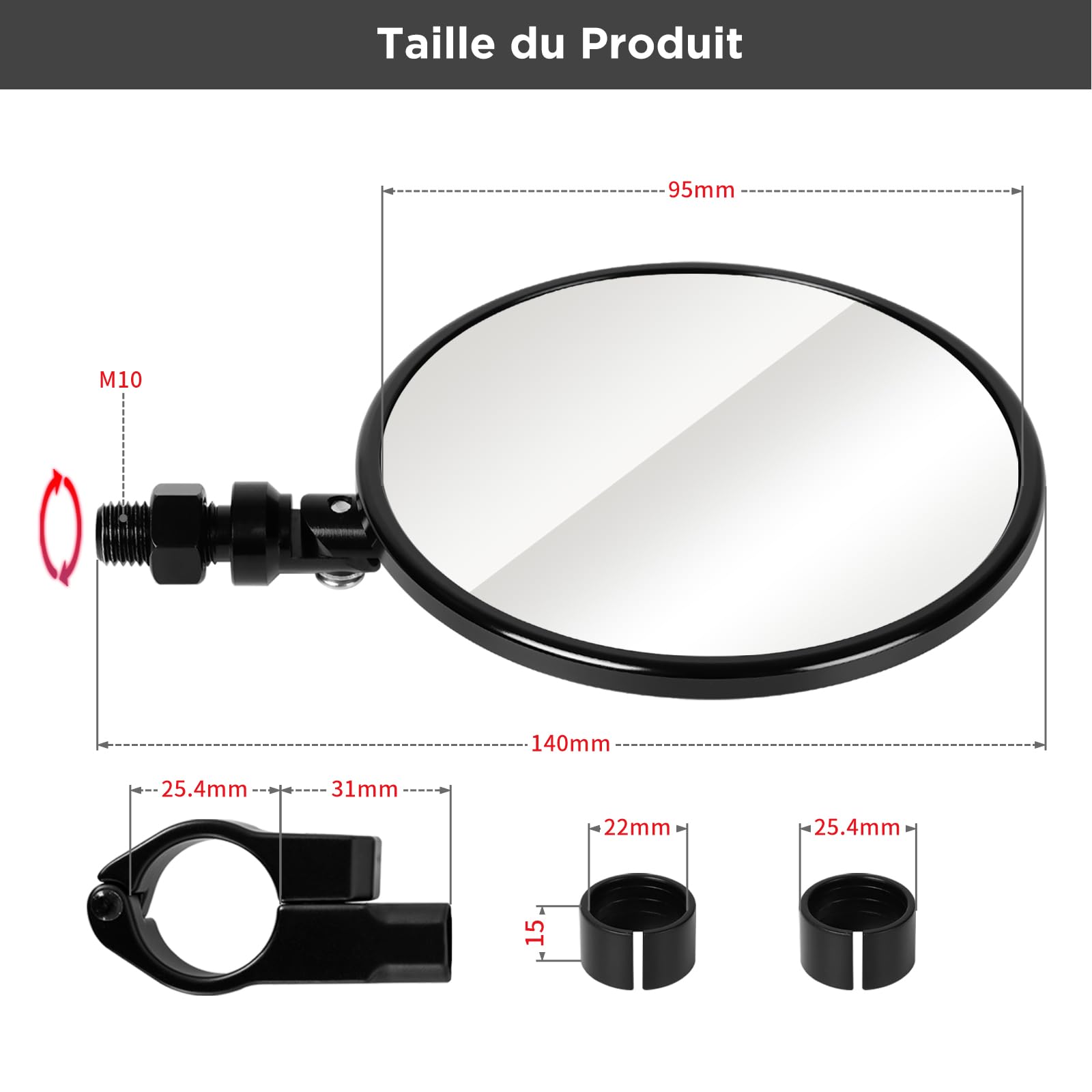 evermotor Rétroviseurs Moto Homologués E24 Aluminium CNC Réglables 360° avec Fixation à Pince pour Guidon 22 mm et 25,4 mm Sans Démontage 2pcs