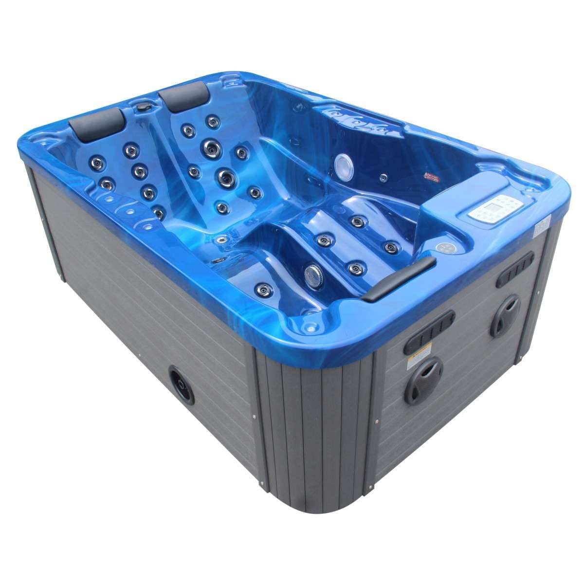 Sanotechnik Whirlpool Modena Outdoor Blue – avec Housse – Dimensions 205 x 130 x 70 cm, 35 Jets de Massage, éclairage LED, Radio, Haut-Parleur, Bluetooth, Spa Whirlpool pour 3 Personnes