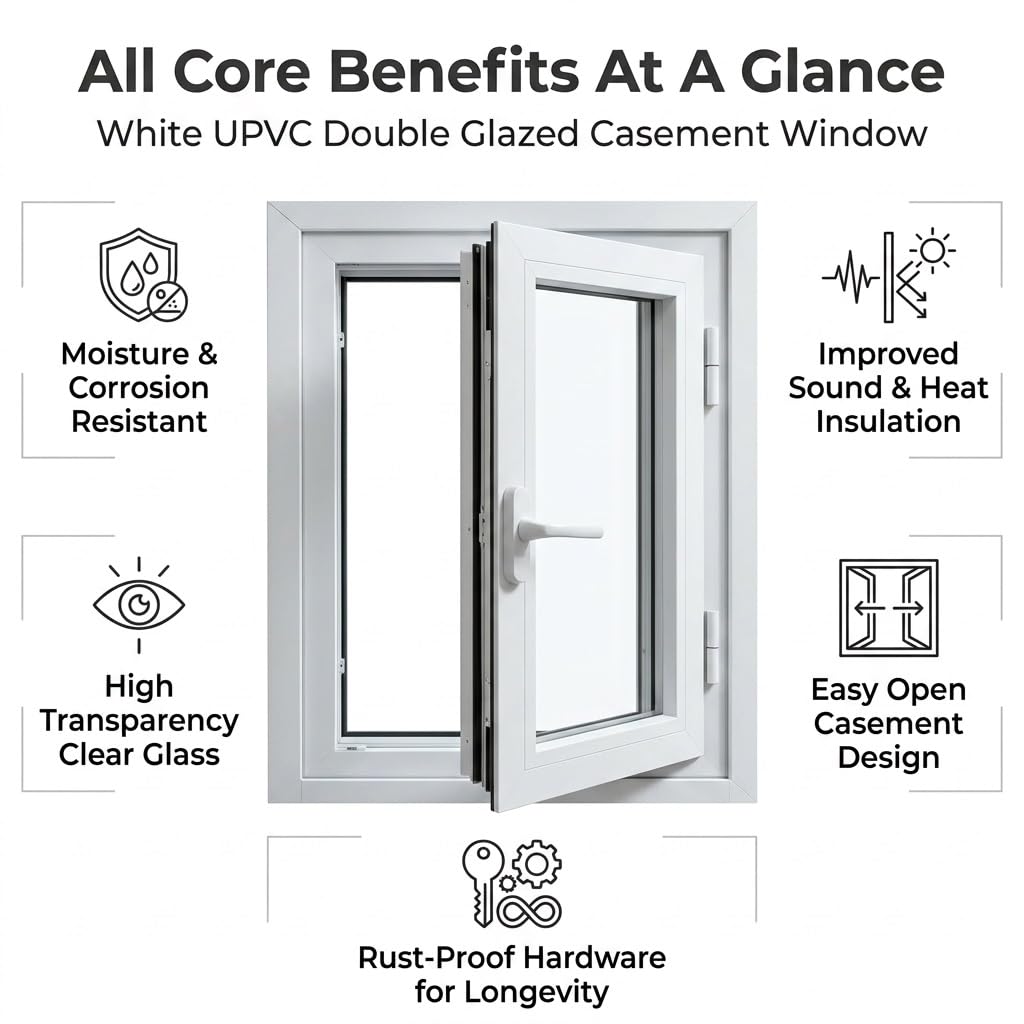 Ventana abatible para sótano, marco de acero de plástico blanco, ventana de vidrio templado, paneles de vidrio de doble panel, ventanas seguras, reemplazo de ventanas de baño para casa