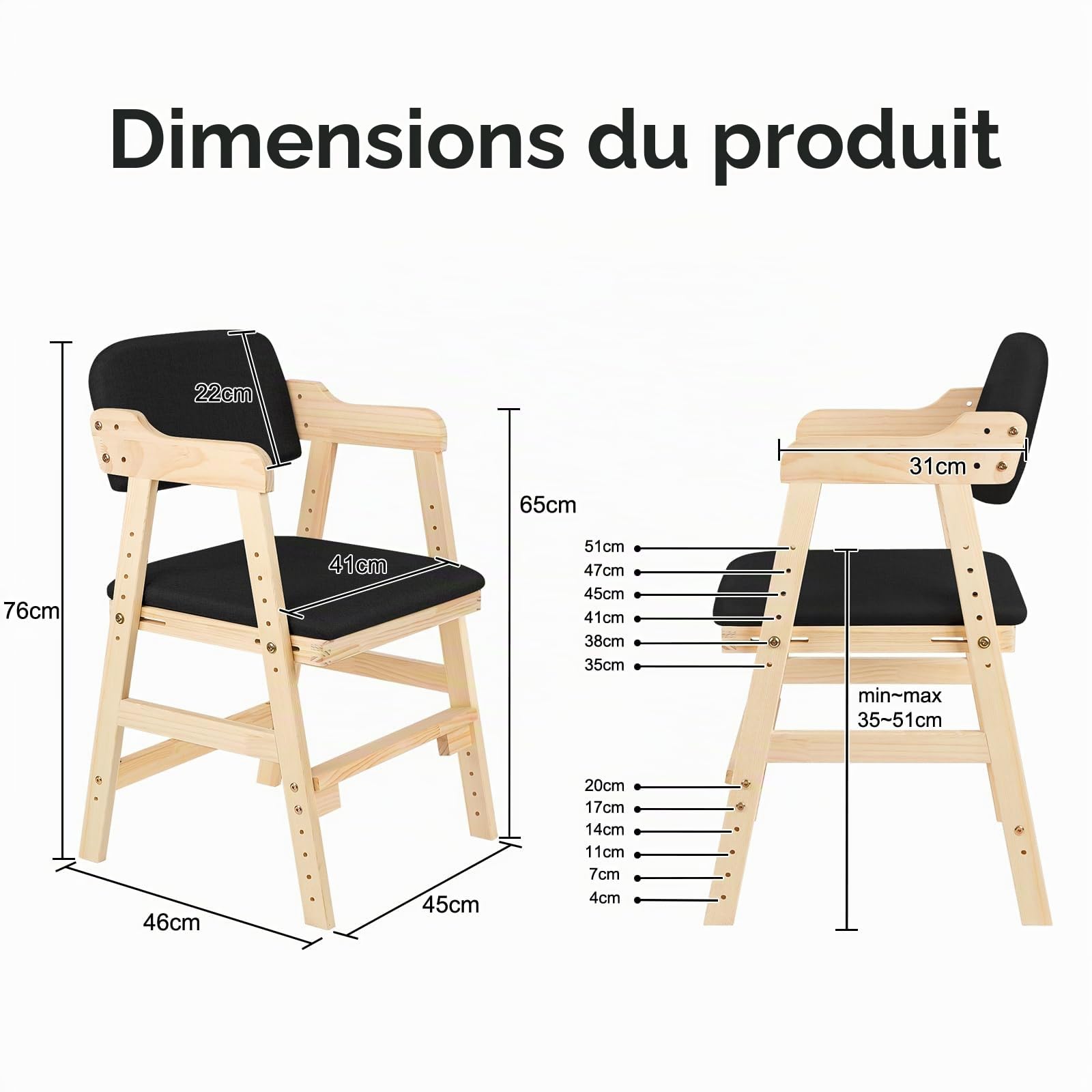 Chaise Haute Bébé en Bois, 6 Hauteurs Réglables Stable Chaise Supporte 90KG pour Enfants et Adultes, Chaise Haute Evolutive avec Coussin d'Assise, Assise et Repose-pieds Réglables (Noir)