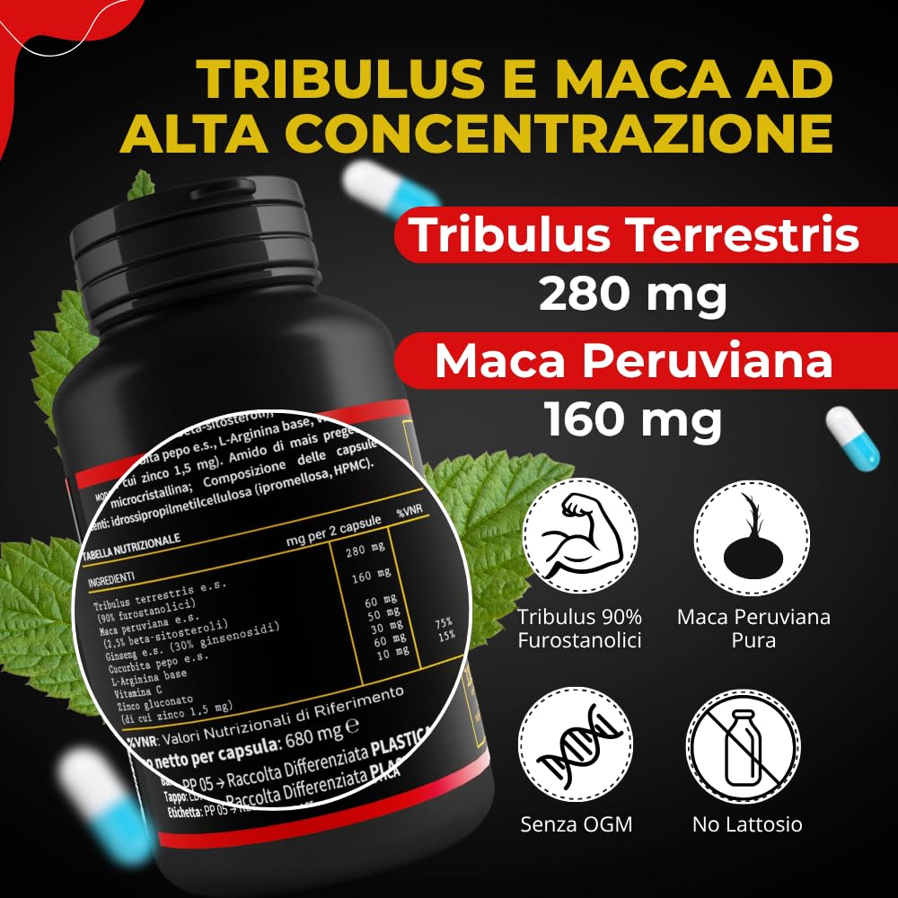 Integratore Uomo – Tribulus Terrestris, Maca Peruviana, Vitamina C e Zinco – Integratore Prostata Uomo Naturale per Energia, Vigore e Benessere Maschile – 120 Capsule – Royal Nutraceutici