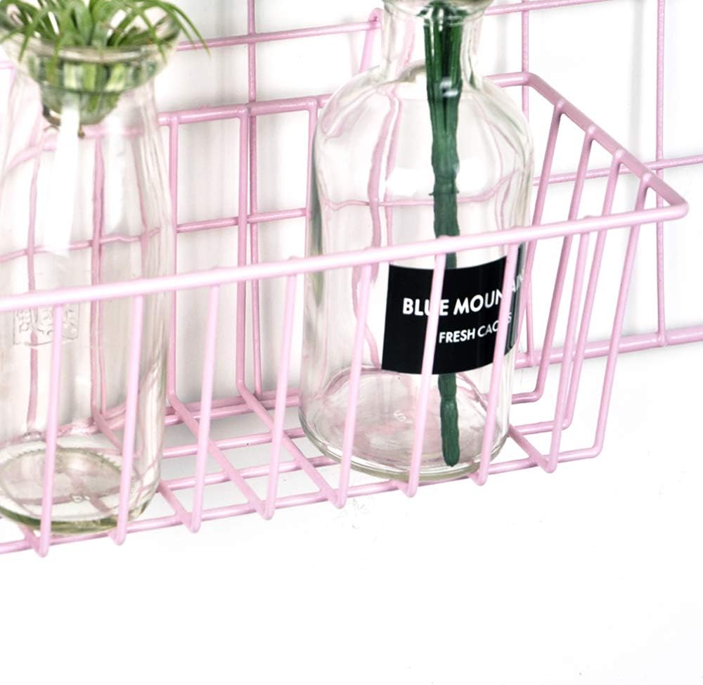 ANZOME Pink Mesh Wall Metal Wire Basket, Grid Panel Hanging Tray, Wall Mount Organizer, Wire Storage Shelf Rack For Home Supplies, Wall Decor Size 9.1" x 3.9" x 3.1"/23 x 10 x 8cm