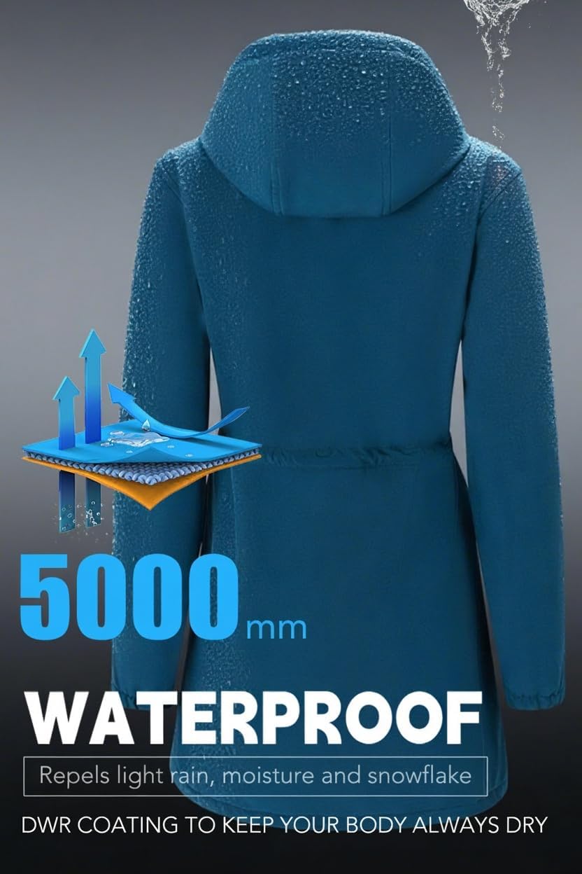 Women’s Softshell Jacket Lightweight Long Rain Coat Hooded Waterproof Windproof Fleece Lined Insulated Windbreaker - Image 5