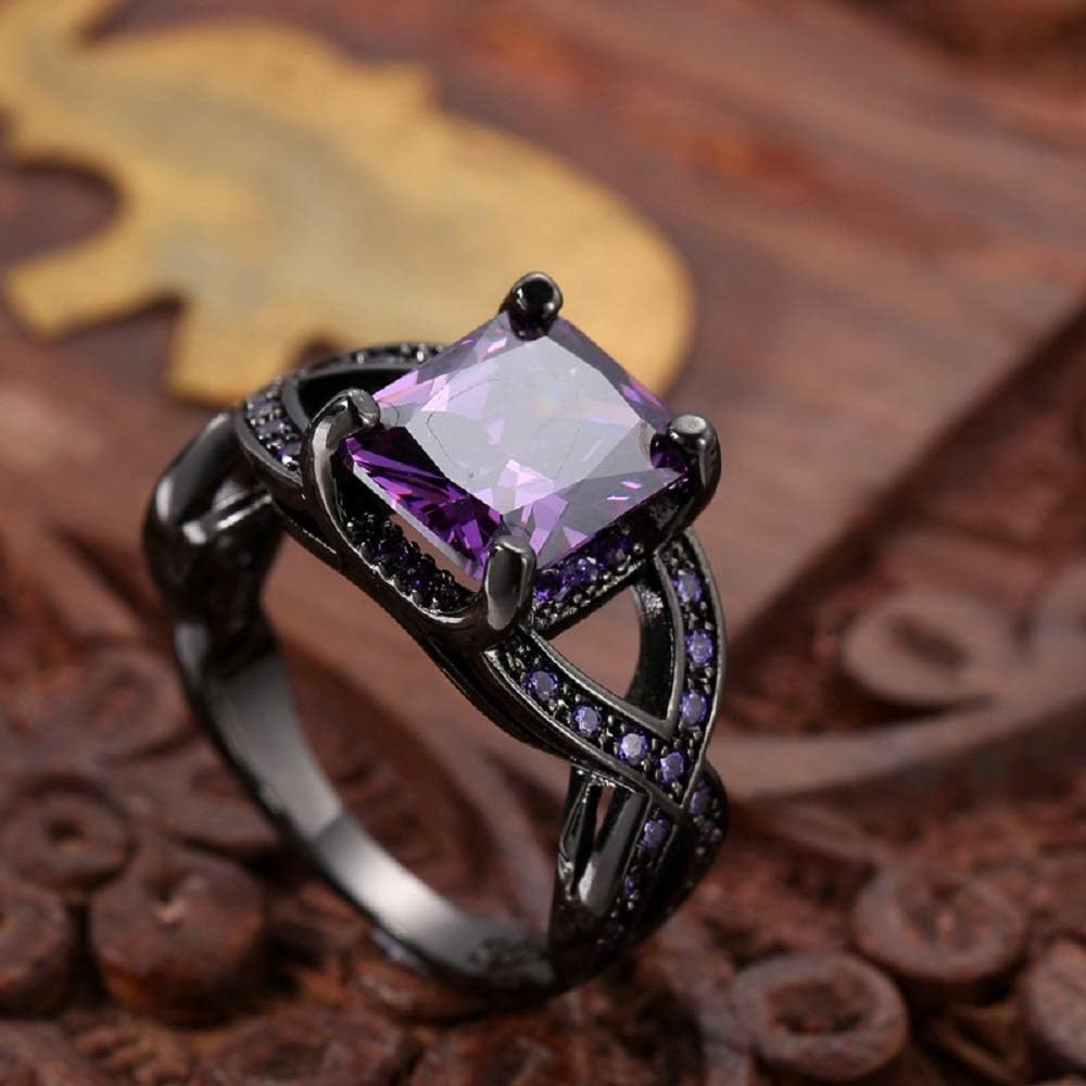 Emerald Cut Purple Amethyst Cubic Zirconia Ring, Black Gold Plated Radiant Cut Eternity Engagement Wedding Jewelry Gifts for Women (US Size 8) - Image 2
