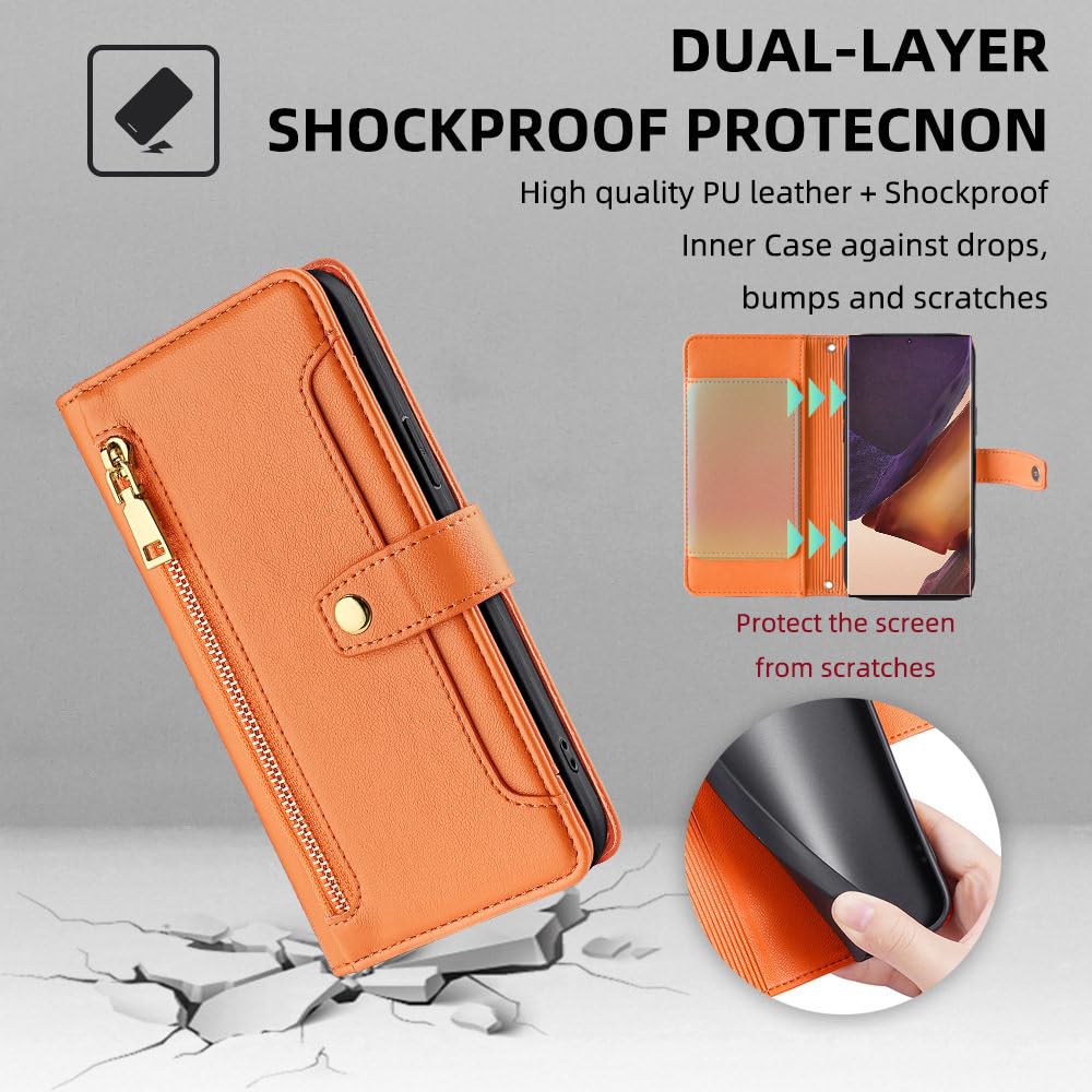 Funda con Tapa Tipo Billetera con Cremallera Cruzada para Samsung Galaxy S23 S22 Plus S21 S20 FE Note 20 Ultra A54 A53 A34 A14 A22 5G, Naranja, para Galaxy A33 5G