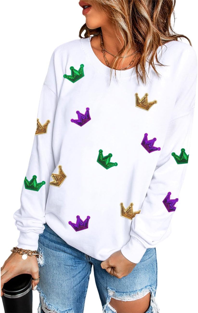Ecosunny Women's Casual Holiday Mardi Gras Sweatshirt Sequin Print Round Neck Long Sleeve Loose Pullover Tops
