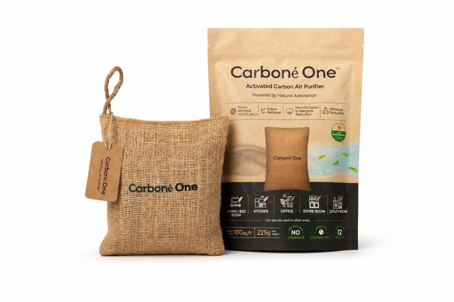 Activated Carbon Air Purifier, Coconut Shell, 225g, Chemical-Free, Jute Pouch, for in Homes, Wardrobes, Kitchens, Bathrooms, Cars, Shoe Racks, Pet Areas, and other desired spaces-image-18