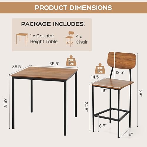 Miniatura 6 de KOTEK Juego de mesa de comedor de 5 piezas, mesa de cocina industrial y sillas para 4, juego de comedor que ahorra espacio con taburetes de bar para