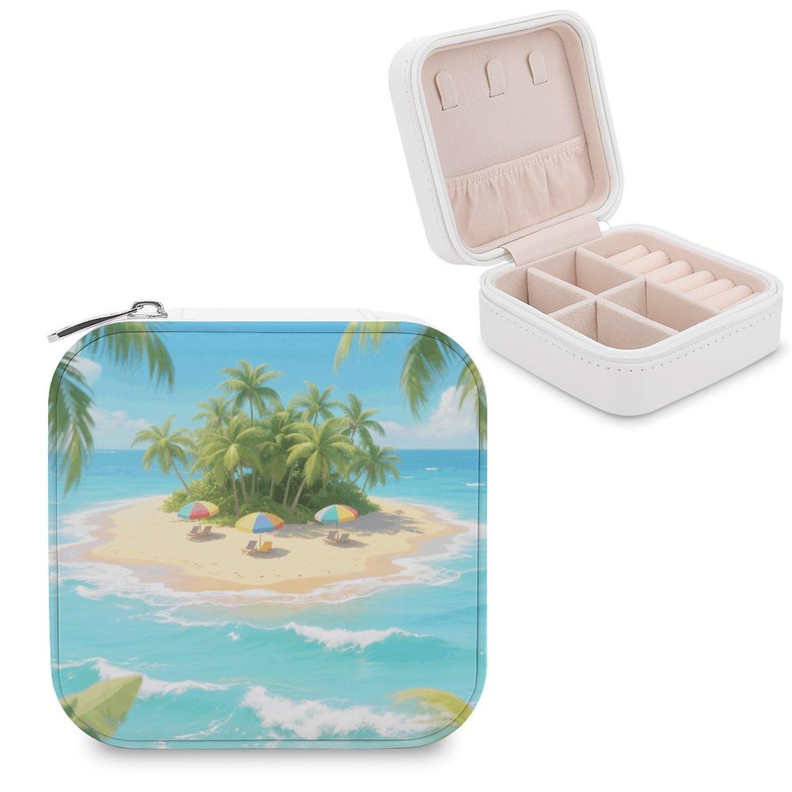 VstaDank Tropical Island Jewelry Organizer Travel Case for Women With Zipper Mini Jewelry Case PU Leather Jewelrys Box for Rings Necklaces Bracelets Earring Holder Organizer Storage