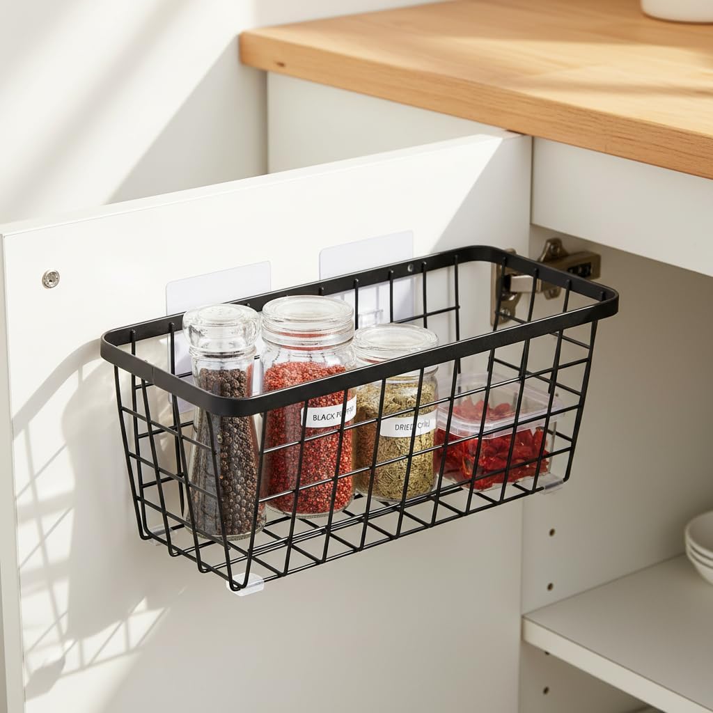4 set Hanging Wall Basket Organizer,Over the Cabinet Door Wire Baskets for Organizing -Space-Saving Hanging Baskets for Organizing,Wall Mount Storage,No Drilling Adhesive Wall Storage Basket, Black