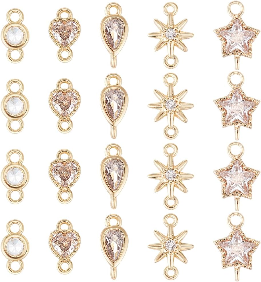 BENECREAT 20Pcs 5 Style 18K Gold Plated Links Flat Round Star Brass Micro Pave Cubic Zirconia Links Teardrop Heart Shape Connecter for Necklace Bracelet Making, Festival Gift