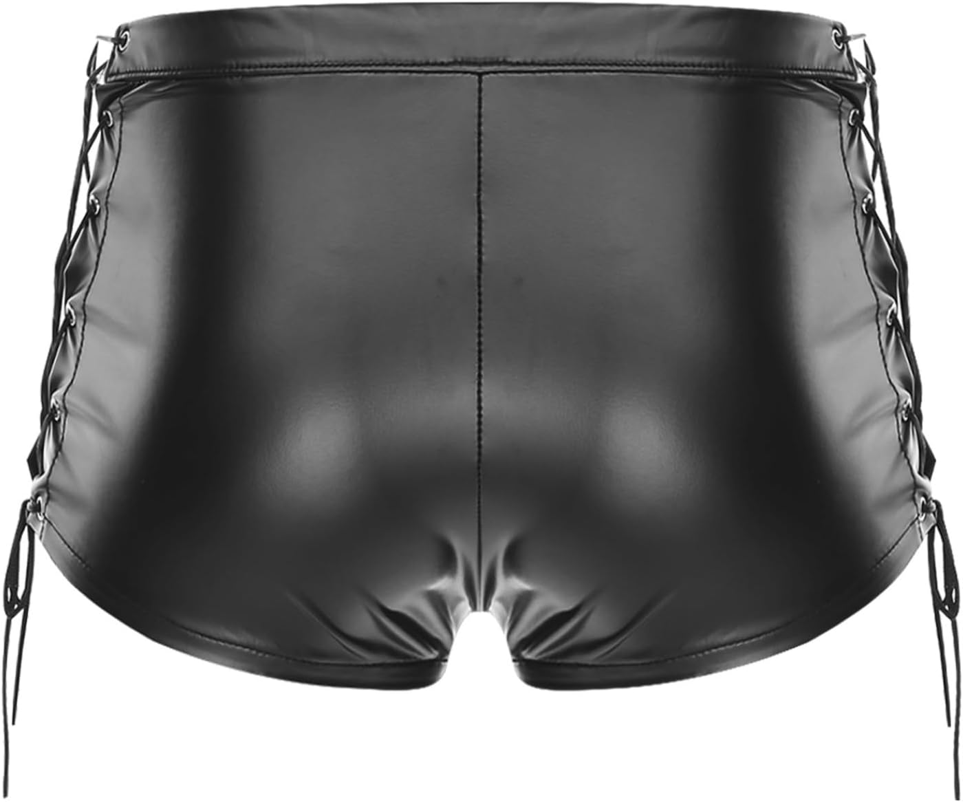 Mens Glossy Leather Shorts Sides Lace-up Disco Dance Shorts with Rivets Moto Buttons Hot Pants