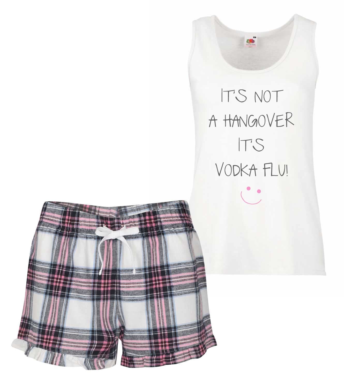 60 Second Makeover Women's Pink Limited It's Not A Hangover It's Vodka Flu Pyjamas For Tartan Frill Short Cotton Pyjama Set Alcohol Pajamas Pjs - Medium
