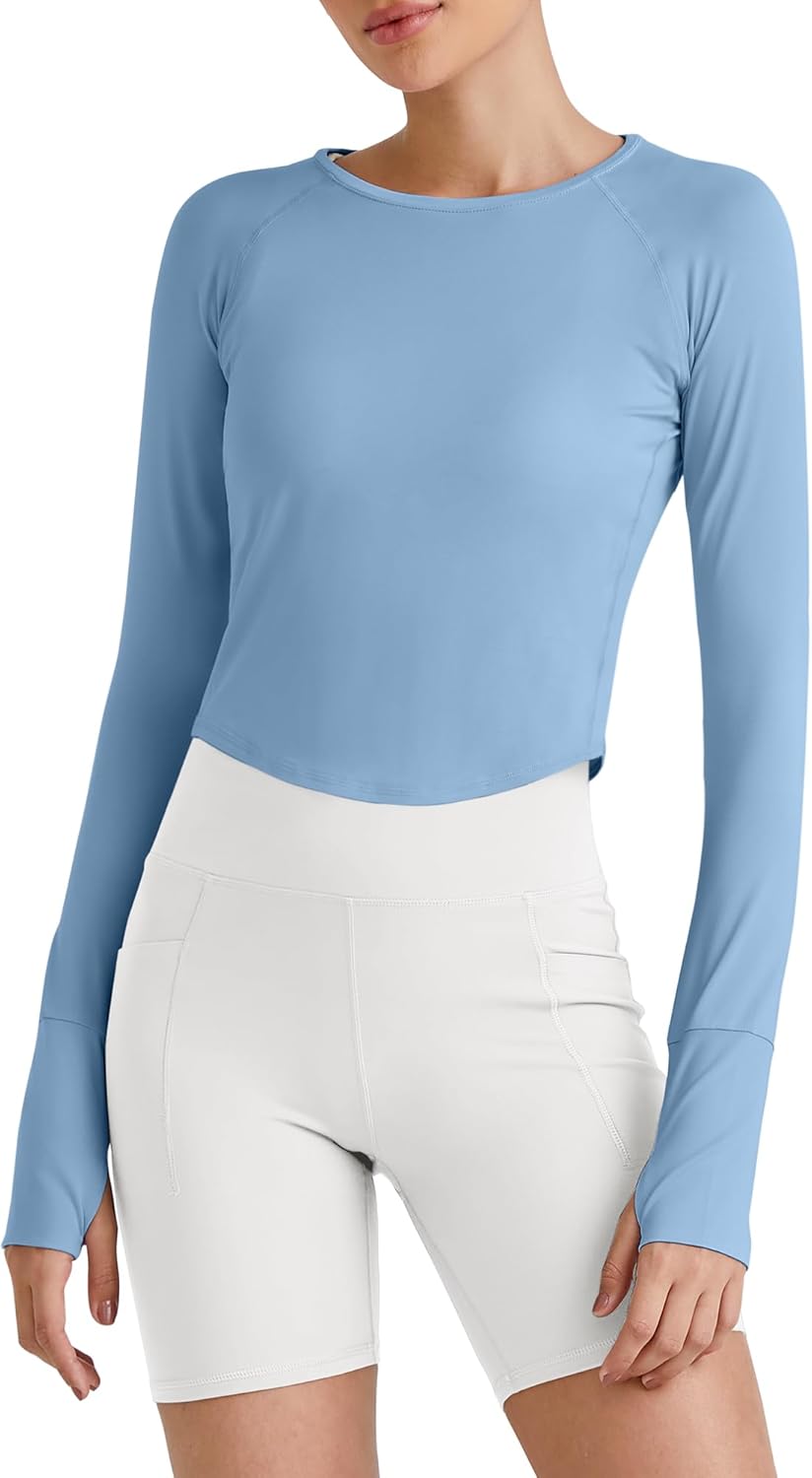 G4Free Rash Guard for Women Long Sleeve UPF 50+ Sun Shirts Athletic Workout Tops UV Hiking Cropped Tops Running Outdoor(Smog Blue,S)