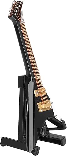 Miniatura 8 de Guitarra eléctrica en miniatura de madera, mini instrumento musical negro, modelo de guitarra de casa de muñecas en miniatura con soporte y estuche