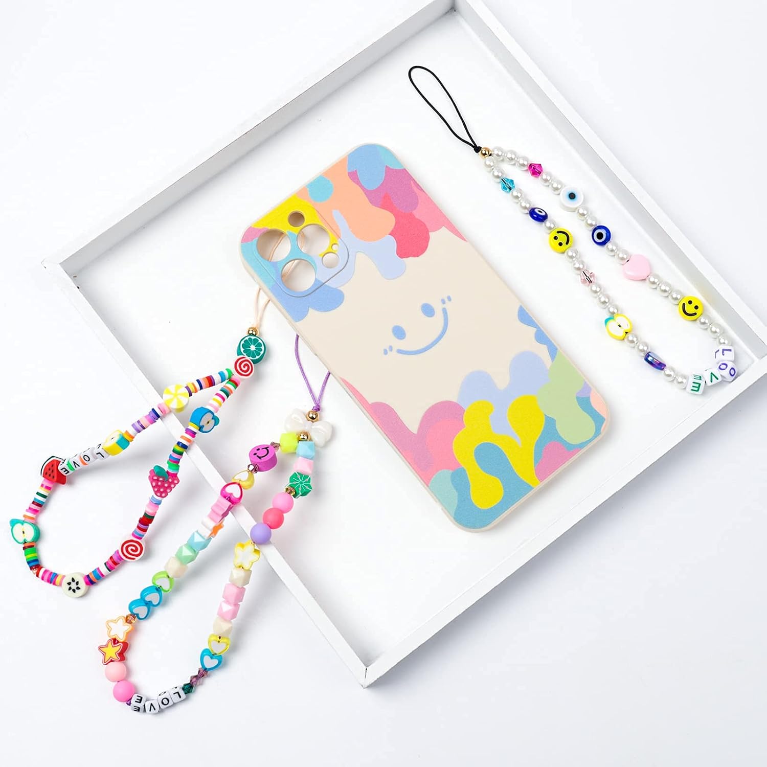 Ninelimi 3 Pieces Smile Face Beaded Phone Lanyard Wrist Strap Fruit Star Letter Pearl Handmade Rainbow Polymer Clay Acrylic Beads Pearl Bracelet Keychain for Women