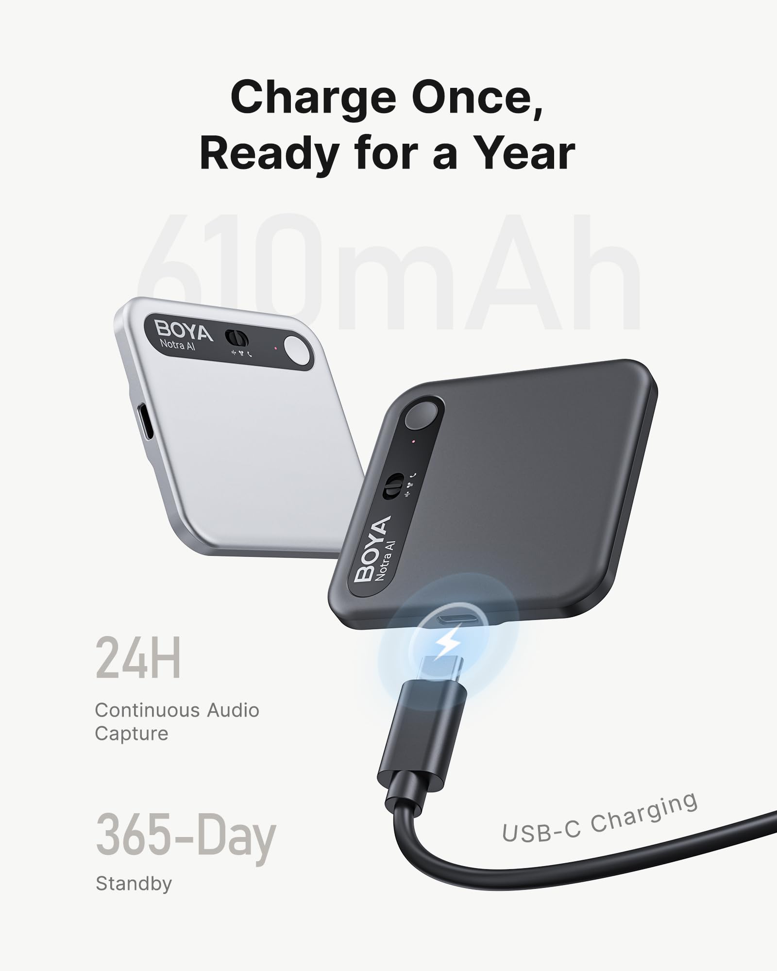 BOYA Notra Registratore Vocale AI con Trascrizione Automatica in 145 Lingue Sommari Intelligenti, Supporto per Registrazione Ambientale, Chiamate, Cuffie Bluetooth, Ideale per Appunti Riunioni, Nero