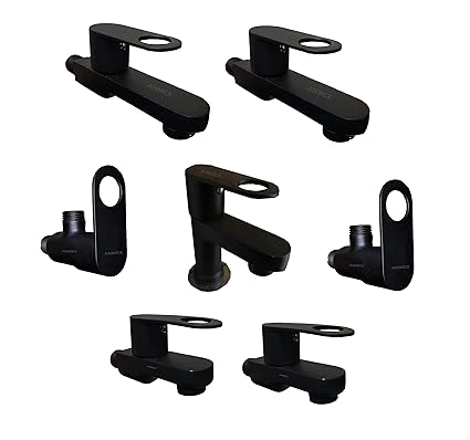 ANMEX Combo of Luxury Series MatteBlack Brass Long Body (2PC), Bib Cock (2Pc), Angle Cock (2Pc), Pillar Tap (1Pc) Suitable for Kitchens, Bathrooms and Bathroom Accessories (Matte Black Finish)