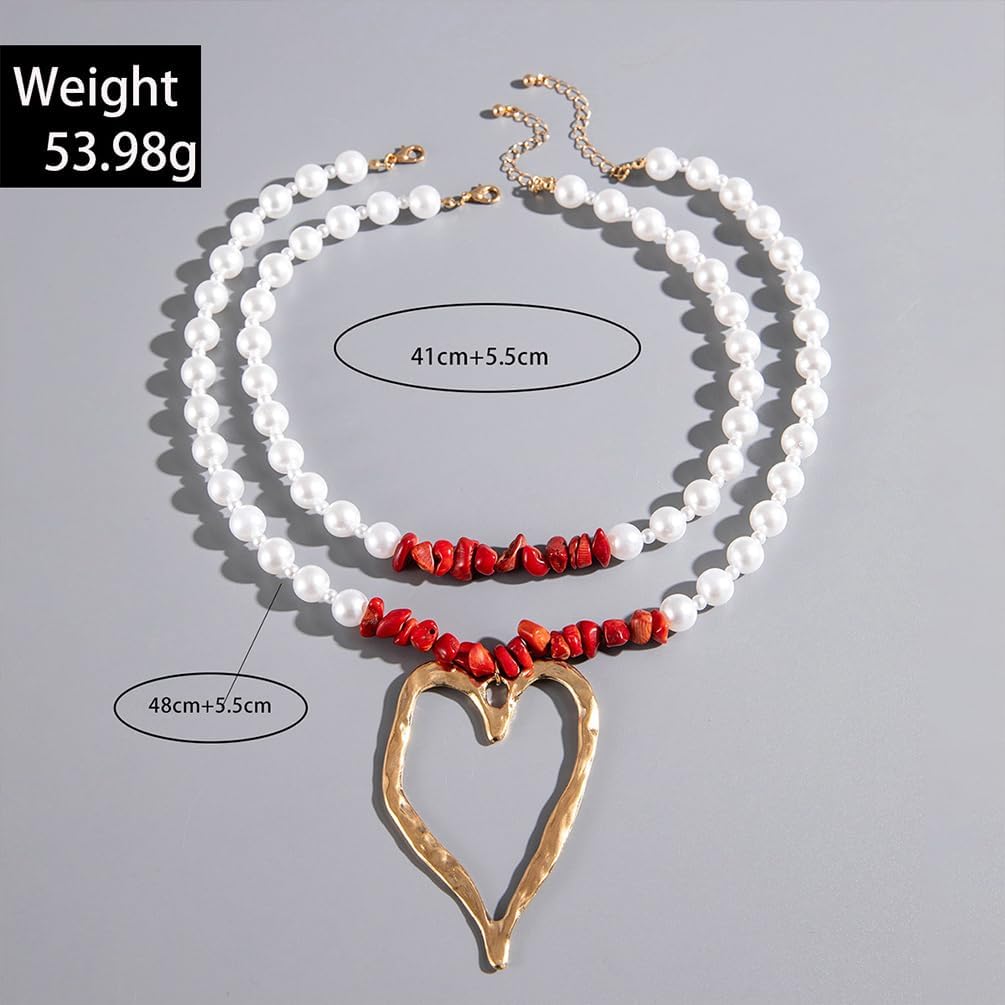 Long Large Heart Necklaces for Women Chunky Gold Big Hollow Hearts Layered Pendant Necklace Oversized Turquoise Love Pearls Beaded Choker Jewelry Gifts - Image 2