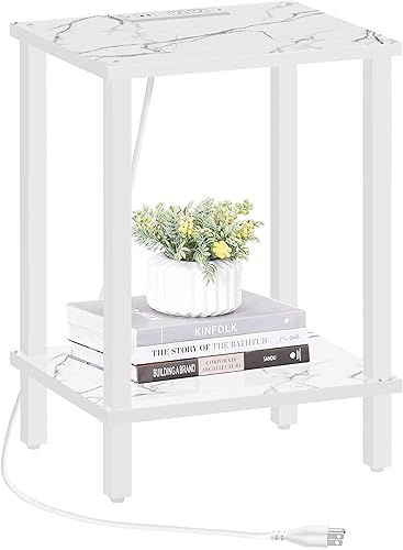 Miniatura 29 de TUTOTAK Mesa auxiliar con estación de carga, mesa auxiliar con puertos USB y tomacorrientes, mesita de noche, estante de almacenamiento de 2